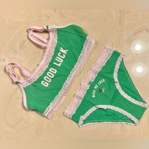 🍀VS PINK Cotton Lace Trim Scoop Bralette & Cheeky Panty Wild Green GOOD LUCK M/L